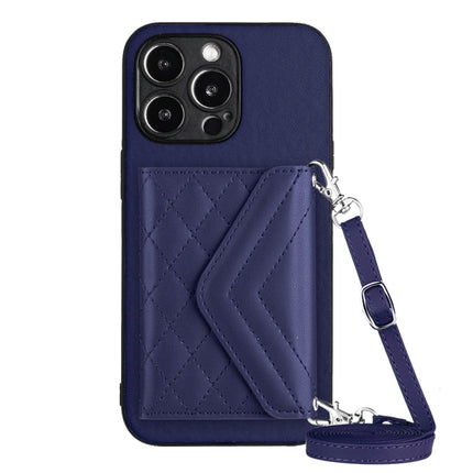 Rhombic Texture Card Bag RFID Phone Case with Long Lanyard, For iPhone 14 Plus, For iPhone 14, For iPhone 14 Pro, For iPhone 14 Pro Max