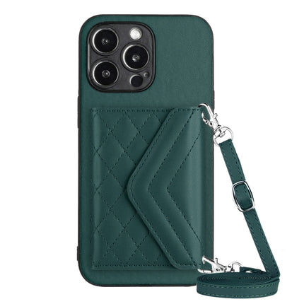 Rhombic Texture Card Bag RFID Phone Case with Long Lanyard, For iPhone 14 Plus, For iPhone 14, For iPhone 14 Pro, For iPhone 14 Pro Max