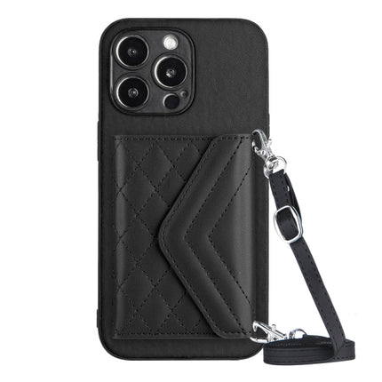 Rhombic Texture Card Bag RFID Phone Case with Long Lanyard, For iPhone 14 Plus, For iPhone 14, For iPhone 14 Pro, For iPhone 14 Pro Max