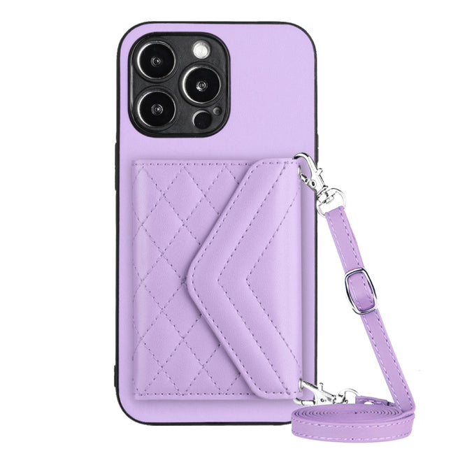 Rhombic Texture Card Bag RFID Phone Case with Long Lanyard, For iPhone 15 Pro Max, For iPhone 15 Pro, For iPhone 15 Plus, For iPhone 15