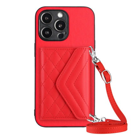 Rhombic Texture Card Bag RFID Phone Case with Long Lanyard, For iPhone 15 Pro Max, For iPhone 15 Pro, For iPhone 15 Plus, For iPhone 15