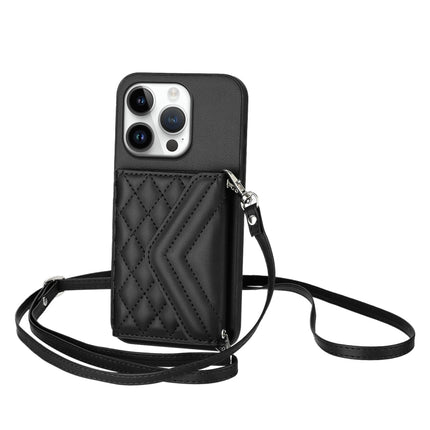 Rhombic Texture Card Bag RFID Phone Case with Long Lanyard, For iPhone 16 Pro Max, For iPhone 16 Pro, For iPhone 16 Plus, For iPhone 16