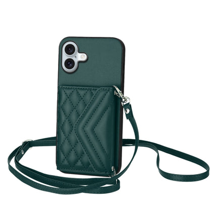 Rhombic Texture Card Bag RFID Phone Case with Long Lanyard, For iPhone 16 Pro Max, For iPhone 16 Pro, For iPhone 16 Plus, For iPhone 16