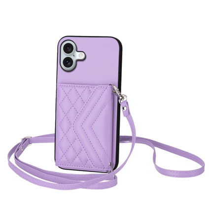 Rhombic Texture Card Bag RFID Phone Case with Long Lanyard, For iPhone 16 Pro Max, For iPhone 16 Pro, For iPhone 16 Plus, For iPhone 16