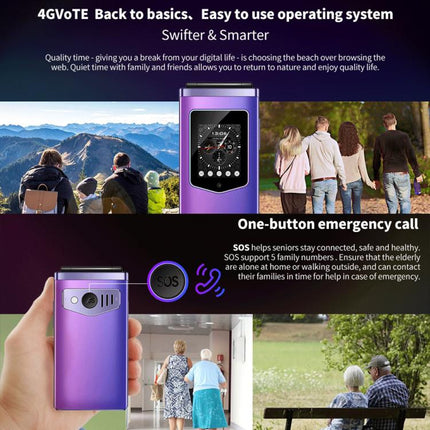 HAMTOD T8 4G Flip Phone, 2.8 inch + 1.77 inch, VoLTE, BT, SOS, OTG