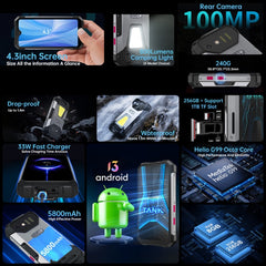 Unihertz Tank mini 1 / 8849, Night Vision Version, 100MP Camera, 4.3 inch Android 13 Helio G99 Octa Core, Network: 4G, 8GB+256GB