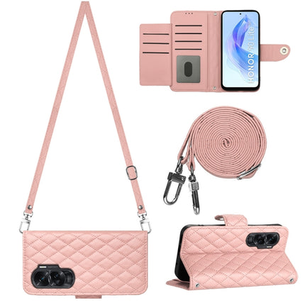 Rhombic Texture Flip Leather Phone Case with Long Lanyard, For Honor X6a, For Honor 90 Lite, For Honor 90