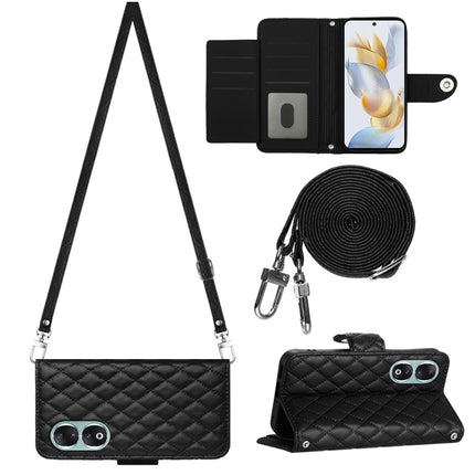 Rhombic Texture Flip Leather Phone Case with Long Lanyard, For Honor X6a, For Honor 90 Lite, For Honor 90