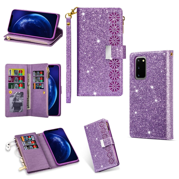Multi-card Slots Starry Sky Laser Carving Glitter Zipper Horizontal Flip Leather Case with Holder & Wallet & Lanyard, For Samsung Galaxy S20 Ultra