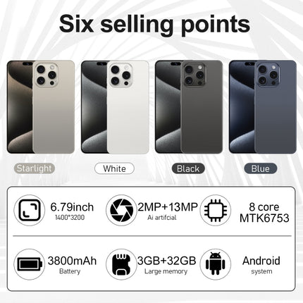 i15 Pro Max / VD1, 6.79 inch Screen, Face Identification, Android 8.1 MTK6753 Octa Core, Network: 4G, Dual SIM, 3GB+32GB