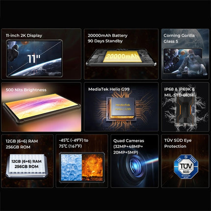 OUKITEL RT8 4G Netzwerk IP68/IP69K Robustes Tablet, 11 Zoll Android 13 MediaTek Helio G99 Quad Core Unterstützt Dual SIM, EU Stecker, RT8 6GB+256GB