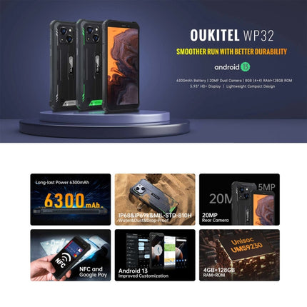 Oukitel WP32, IP68/IP69K, 5,93 Zoll Android 13 Unisoc Tiger T606 Octa-Core, NFC, OTG, Netzwerk: 4G, 4 GB + 128 GB