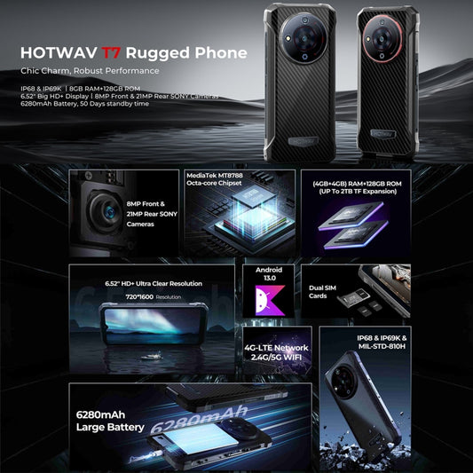 HOTWAV T7 Rugged Phone, 6280mAh, 6.52 inch Android 13 MT8788 Octa Core, Network: 4G, OTG, 4GB+128GB