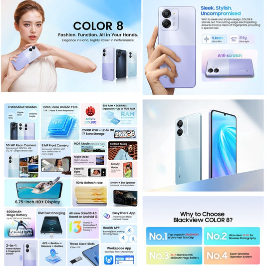 Blackview COLOR 8, Fingerprint & Face Identification, 6.75 inch Android 13 Unisoc T616 Octa Core up to 2.2GHz, Network: 4G, OTG, 8GB+128GB, 8GB+256GB