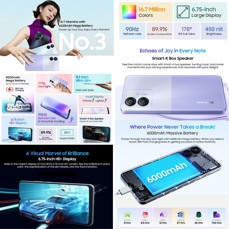 Blackview COLOR 8, Fingerprint & Face Identification, 6.75 inch Android 13 Unisoc T616 Octa Core up to 2.2GHz, Network: 4G, OTG