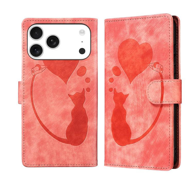 Pen Heart Cat Embossed Leather Phone Case, For iPhone 17 Pro Max, For iPhone 17 Pro, For iPhone 17, For iPhone Air