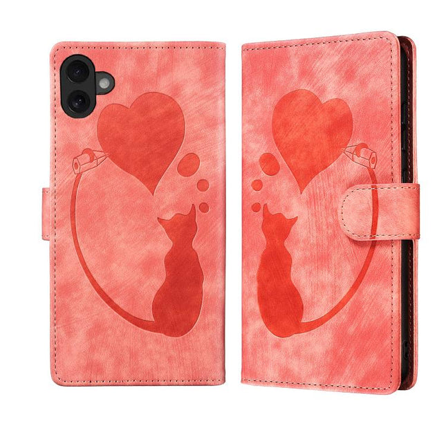 Pen Heart Cat Embossed Leather Phone Case, For iPhone 17 Pro Max, For iPhone 17 Pro, For iPhone 17, For iPhone Air