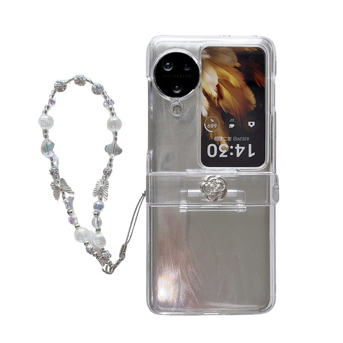 Skin Feel PC Feather Gauze Glitter Paper Camellia Phone Case with Bracelet, For OPPO Find N3 Flip, For OPPO Find N2 Flip