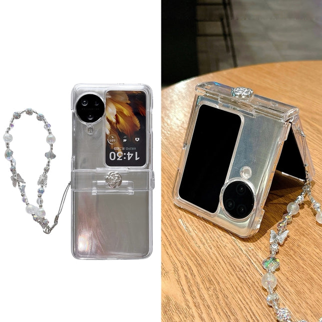 Skin Feel PC Feather Gauze Glitter Paper Camellia Phone Case with Bracelet, For OPPO Find N3 Flip, For OPPO Find N2 Flip