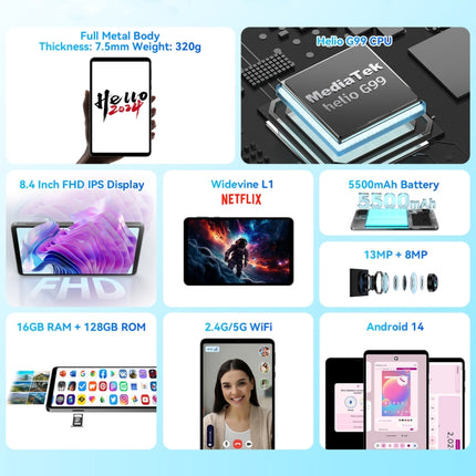 HEADWOLF Fpad5 4G LTE Tablet PC, 8.4 inch Android 14 MT6789 Octa Core Support Dual SIM, Global Version with Google Play