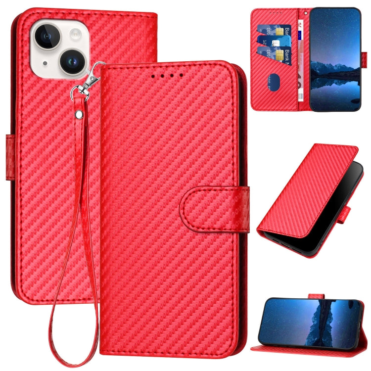 YX0070 Carbon Fiber Buckle Leather Phone Case with Lanyard, For iPhone 15, For iPhone 14 Plus, For iPhone 14, For iPhone 14 Pro