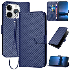 YX0070 Carbon Fiber Buckle Leather Phone Case with Lanyard, For iPhone 15, For iPhone 14 Plus, For iPhone 14, For iPhone 14 Pro