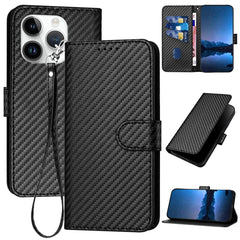 YX0070 Carbon Fiber Buckle Leather Phone Case with Lanyard, For iPhone 15, For iPhone 14 Plus, For iPhone 14, For iPhone 14 Pro