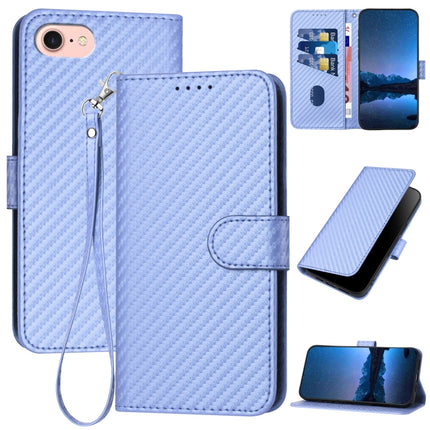 YX0070 Carbon Fiber Buckle Leather Phone Case with Lanyard, For iPhone 14 Pro, For iPhone 14 Pro Max, For iPhone SE 2022 / SE 2020 / 8 / 7