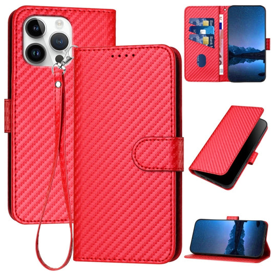 YX0070 Carbon Fiber Buckle Leather Phone Case with Lanyard, For iPhone 16 Pro Max, For iPhone 16 Pro, For iPhone 16 Plus, For iPhone 16