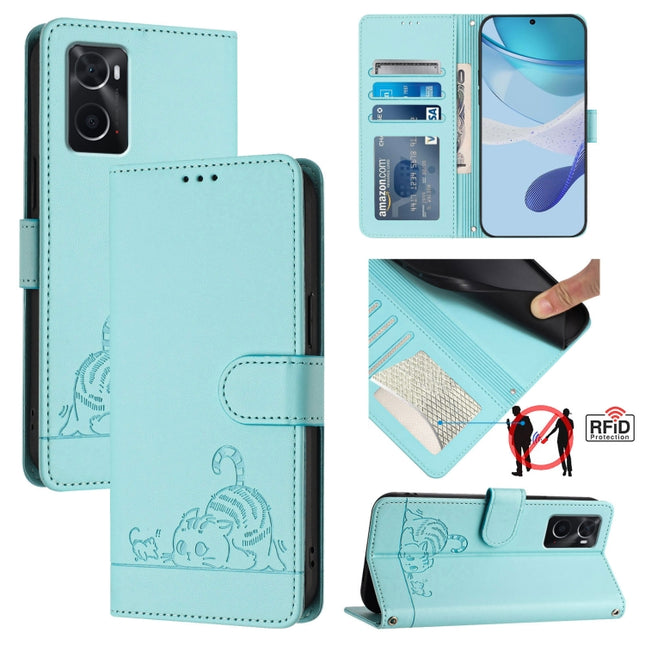 Cat Rat Embossed Pattern RFID Leather Phone Case with Lanyard, For Realme 9i 4G, For Realme Narzo 50, For Realme C20 / C11 2021 / C21, For Realme C21Y