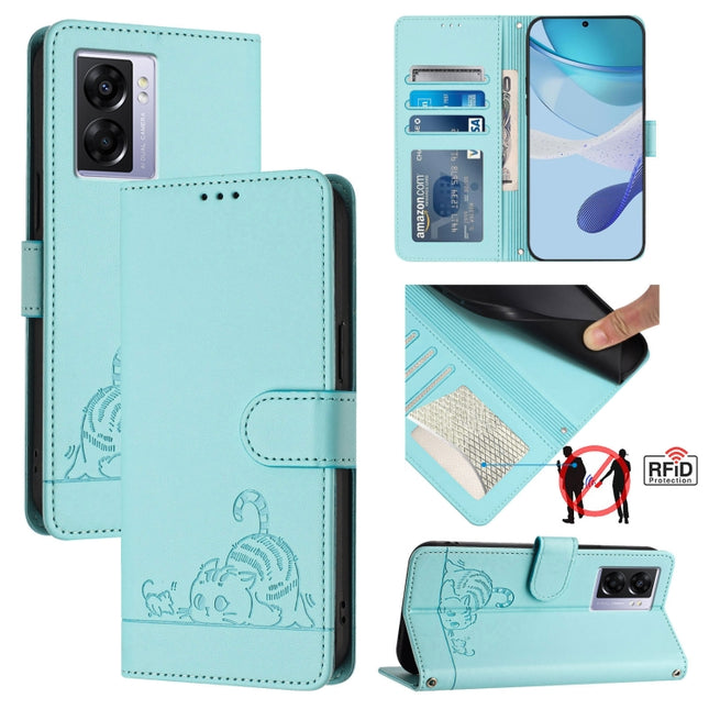 Cat Rat Embossed Pattern RFID Leather Phone Case with Lanyard, For Realme V23, For Realme Q5i, For Realme GT NEO3, For Realme 8 5G / 9 5G India