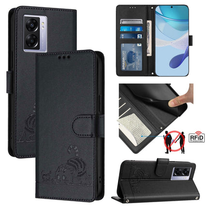 Cat Rat Embossed Pattern RFID Leather Phone Case with Lanyard, For Realme V23, For Realme Q5i, For Realme GT NEO3, For Realme 8 5G / 9 5G India