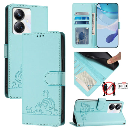 Cat Rat Embossed Pattern RFID Leather Phone Case with Lanyard, For Realme 10T 5G / 10S 5G, For Realme GT3 5G / GT Neo 5 240W, For Realme 10 Pro 5G, For Realme 10 Pro+ 5G