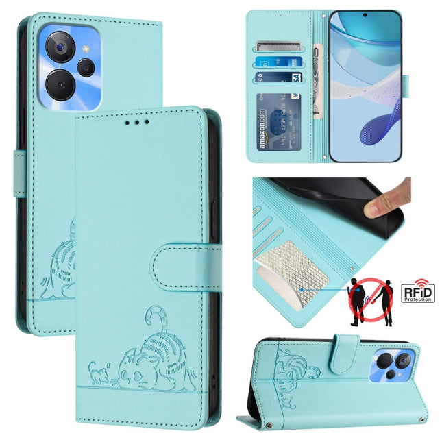 Cat Rat Embossed Pattern RFID Leather Phone Case with Lanyard, For Realme 10T 5G / 10S 5G, For Realme GT3 5G / GT Neo 5 240W, For Realme 10 Pro 5G, For Realme 10 Pro+ 5G