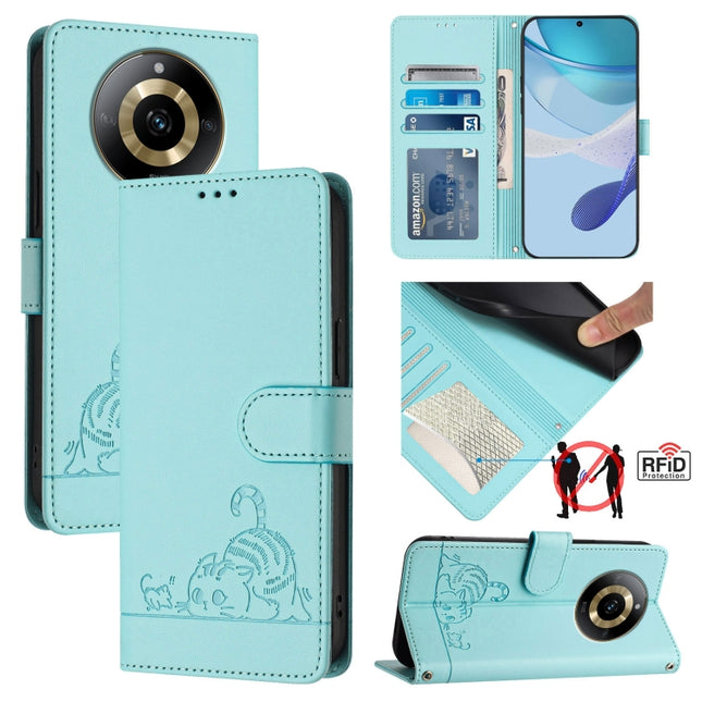 Cat Rat Embossed Pattern RFID Leather Phone Case with Lanyard, For Realme 11 4G Global, For Realme GT5 5G 240W / GT5 5G, For Realme Narzo 60 Pro Global, For Realme C65 4G Global