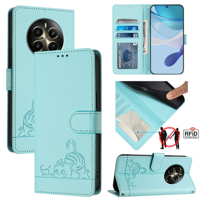 Cat Rat Embossed Pattern RFID Leather Phone Case with Lanyard, For Realme 12+ 5G Global, For Realme Narzo 70 Pro 5G India, For Realme 12 5G Global, For Realme Note 50 4G Global