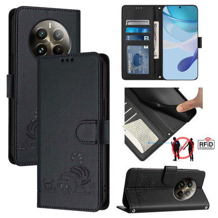 Cat Rat Embossed Pattern RFID Leather Phone Case with Lanyard, For Realme C51 4G / C53 4G Global, For Realme Narzo N53 4G Global, For Realme 12 Pro 5G Global, For Realme 12 Pro+ 5G Global