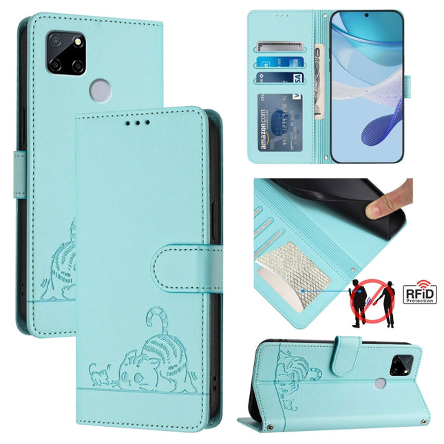 Cat Rat Embossed Pattern RFID Leather Phone Case with Lanyard, For Realme C25 / C15 / C12, For Realme C25S / 7i Global, For Realme 8 4G / 8 Pro 4G, For Realme GT 5G / GT NEO 5G