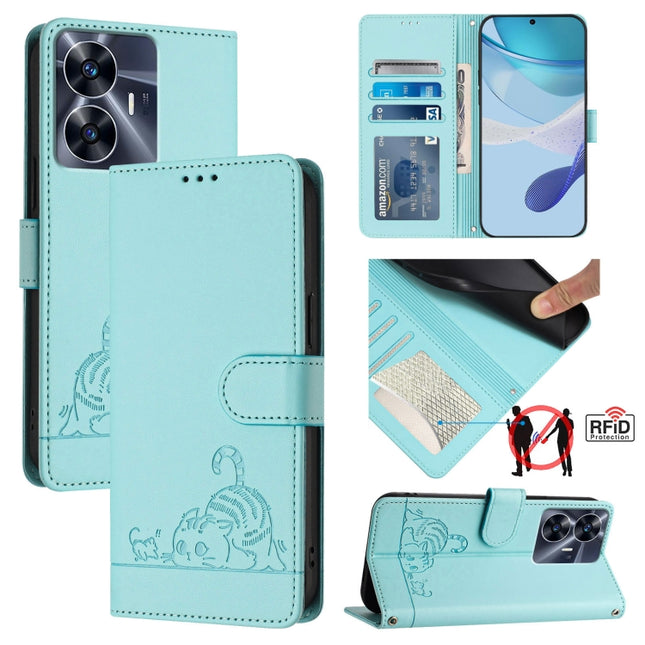 Cat Rat Embossed Pattern RFID Leather Phone Case with Lanyard, For Realme C55 4G Global, For Realme Narzo N55, For Realme C33 2022 Global, For Realme C33 2023 Global