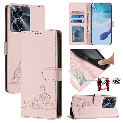 Cat Rat Embossed Pattern RFID Leather Phone Case with Lanyard, For Realme C55 4G Global, For Realme Narzo N55, For Realme C33 2022 Global, For Realme C33 2023 Global