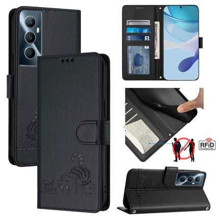 Cat Rat Embossed Pattern RFID Leather Phone Case with Lanyard, For Realme 11 4G Global, For Realme GT5 5G 240W / GT5 5G, For Realme Narzo 60 Pro Global, For Realme C65 4G Global