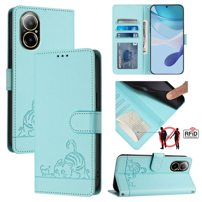 Cat Rat Embossed Pattern RFID Leather Phone Case with Lanyard, For Realme C67 4G Global, For Realme 11 5G Global / 11X 5G, For Realme C67 5G India, For Realme Narzo 60x 5G Global