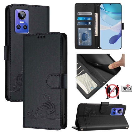 Cat Rat Embossed Pattern RFID Leather Phone Case with Lanyard, For Realme V23, For Realme Q5i, For Realme GT NEO3, For Realme 8 5G / 9 5G India