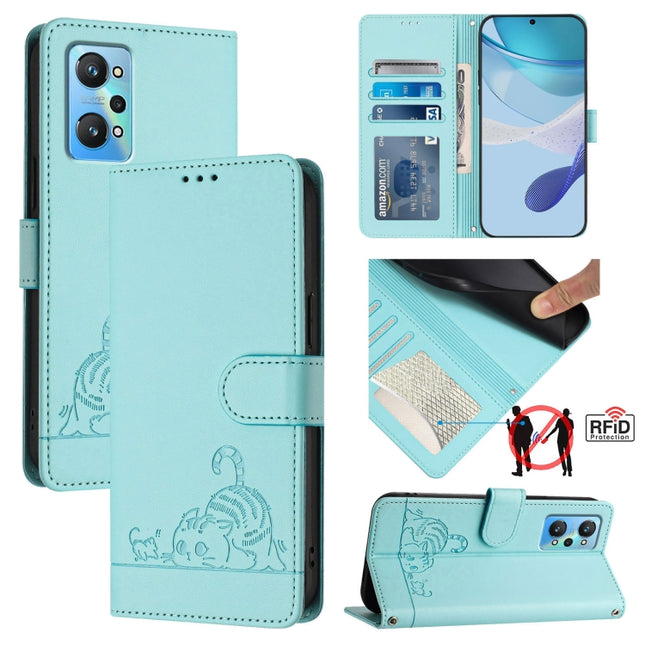 Cat Rat Embossed Pattern RFID Leather Phone Case with Lanyard, For Realme GT NEO 3T, For Realme 9 Pro+ 5G, For Realme Narzo 50 Pro 5G, For Realme 9 4G Global