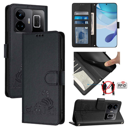 Cat Rat Embossed Pattern RFID Leather Phone Case with Lanyard, For Realme 10T 5G / 10S 5G, For Realme GT3 5G / GT Neo 5 240W, For Realme 10 Pro 5G, For Realme 10 Pro+ 5G