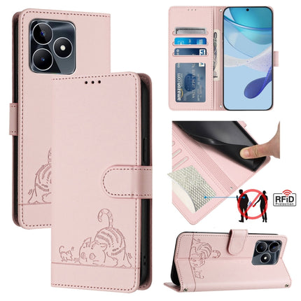 Cat Rat Embossed Pattern RFID Leather Phone Case with Lanyard, For Realme 12+ 5G Global, For Realme Narzo 70 Pro 5G India, For Realme 12 5G Global, For Realme Note 50 4G Global
