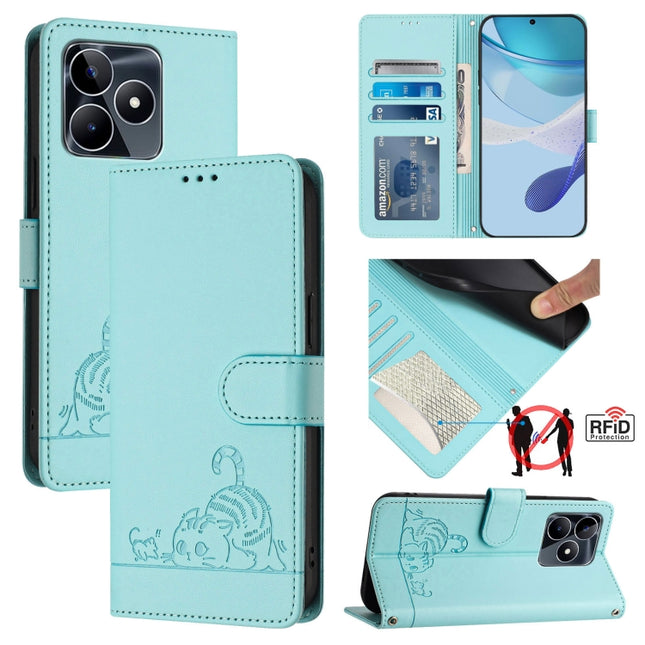 Cat Rat Embossed Pattern RFID Leather Phone Case with Lanyard, For Realme C51 4G / C53 4G Global, For Realme Narzo N53 4G Global, For Realme 12 Pro 5G Global, For Realme 12 Pro+ 5G Global