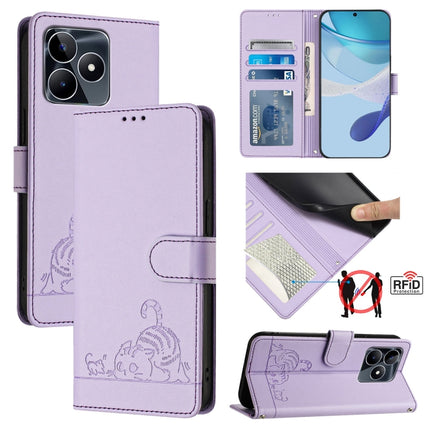 Cat Rat Embossed Pattern RFID Leather Phone Case with Lanyard, For Realme C51 4G / C53 4G Global, For Realme Narzo N53 4G Global, For Realme 12 Pro 5G Global, For Realme 12 Pro+ 5G Global