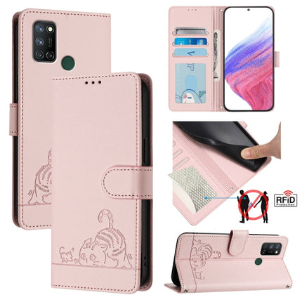 Cat Rat Embossed Pattern RFID Leather Phone Case with Lanyard, For Realme V11 5G, For Realme C17 / 7i