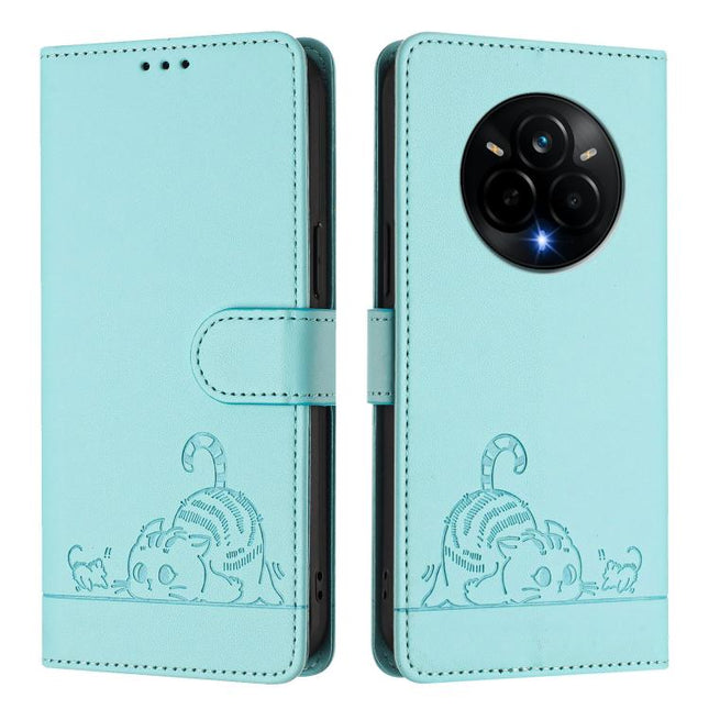 Cat Rat Embossed Pattern RFID Leather Phone Case with Lanyard, For Realme 14 Pro 5G, For Realme GT 7 Pro 5G, For Realme C63 5G Global, For Realme Note 60 4G Global